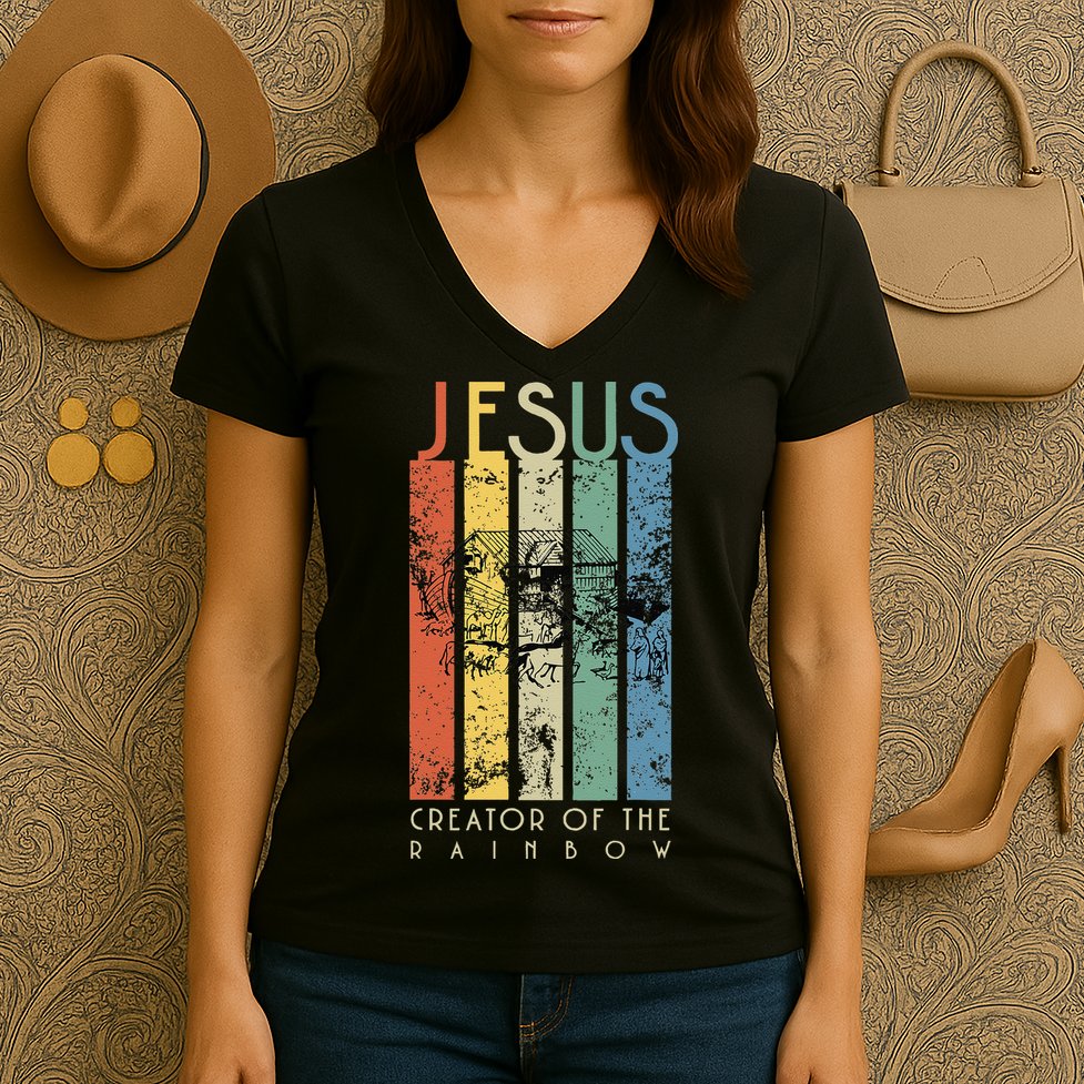 JESUS The Creator Of The Rainbow (Noah And The Ark) Women's V-Neck T-Shirt