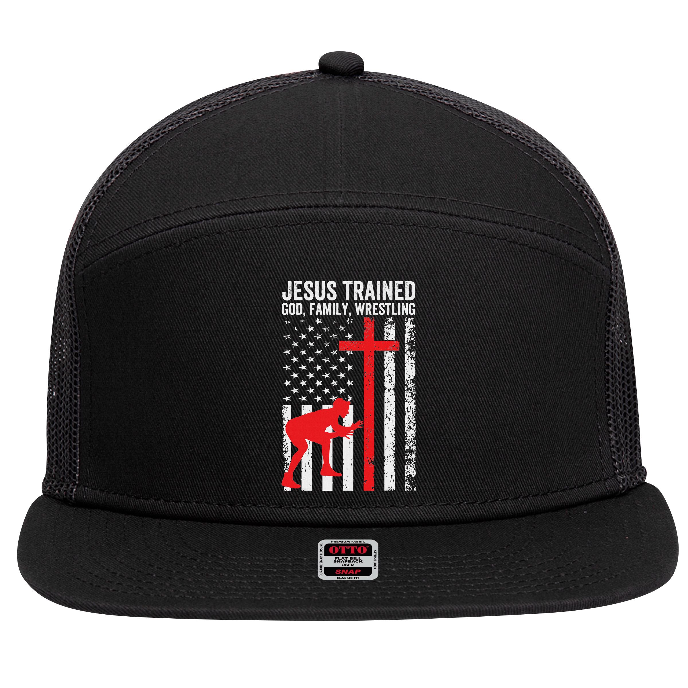 Jesus Trained Christian Wrestler Wrestling 7 Panel Mesh Trucker Snapback Hat