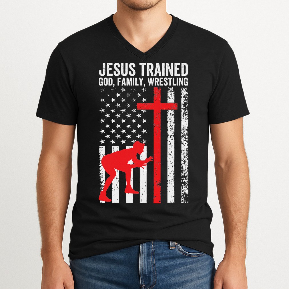 Jesus Trained Christian Wrestler Wrestling V-Neck T-Shirt