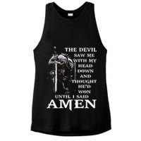 Jesus The Devil Saw Me With My Head Down Ladies PosiCharge Tri-Blend Wicking Tank