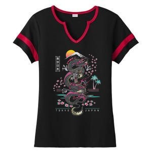 Japanese Tokyo Dragon Asian Inspired Retro 80’S Style Ladies Halftime Notch Neck Tee