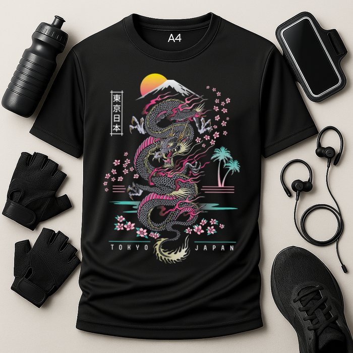Japanese Tokyo Dragon Asian Inspired Retro 80’S Style Cooling Performance Crew T-Shirt