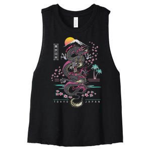 Japanese Tokyo Dragon Asian Inspired Retro 80’S Style Women's Racerback Cropped Tank