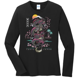 Japanese Tokyo Dragon Asian Inspired Retro 80’S Style Ladies Long Sleeve Shirt