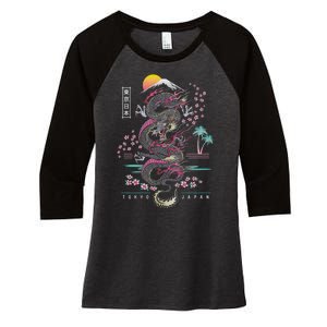 Japanese Tokyo Dragon Asian Inspired Retro 80’S Style Women's Tri-Blend 3/4-Sleeve Raglan Shirt