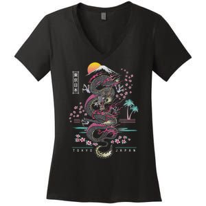 Japanese Tokyo Dragon Asian Inspired Retro 80’S Style Women's V-Neck T-Shirt