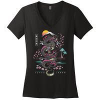 Japanese Tokyo Dragon Asian Inspired Retro 80’S Style Women's V-Neck T-Shirt