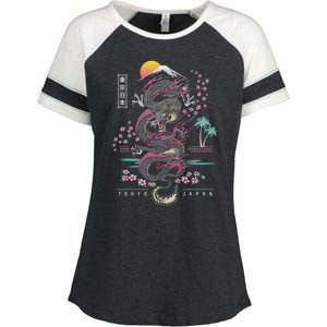 Japanese Tokyo Dragon Asian Inspired Retro 80’S Style Enza Ladies Jersey Colorblock Tee