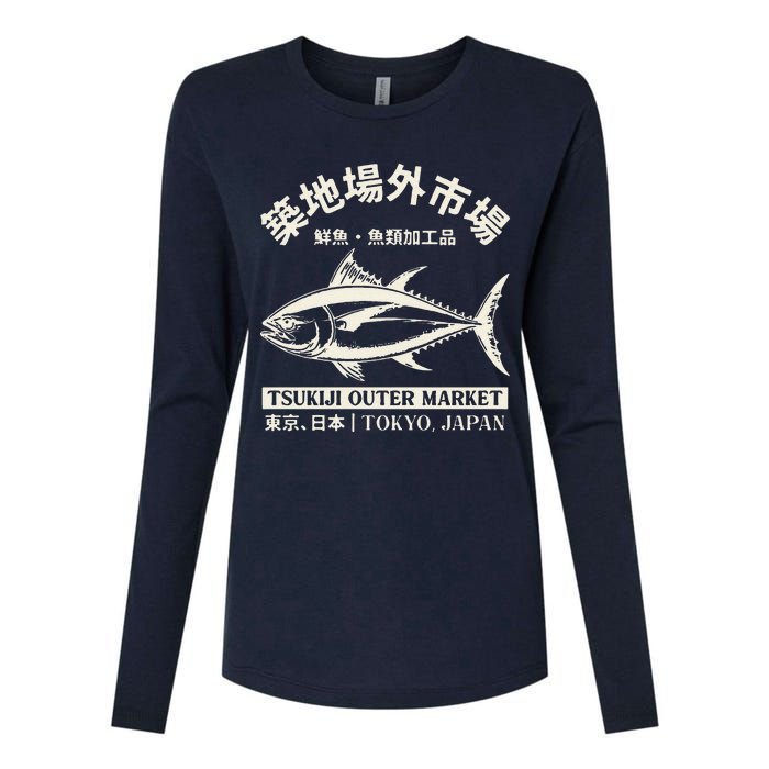 Japanense Tsukiji Fish Market Washed Tokyo Japan Womens Cotton Relaxed Long Sleeve T-Shirt