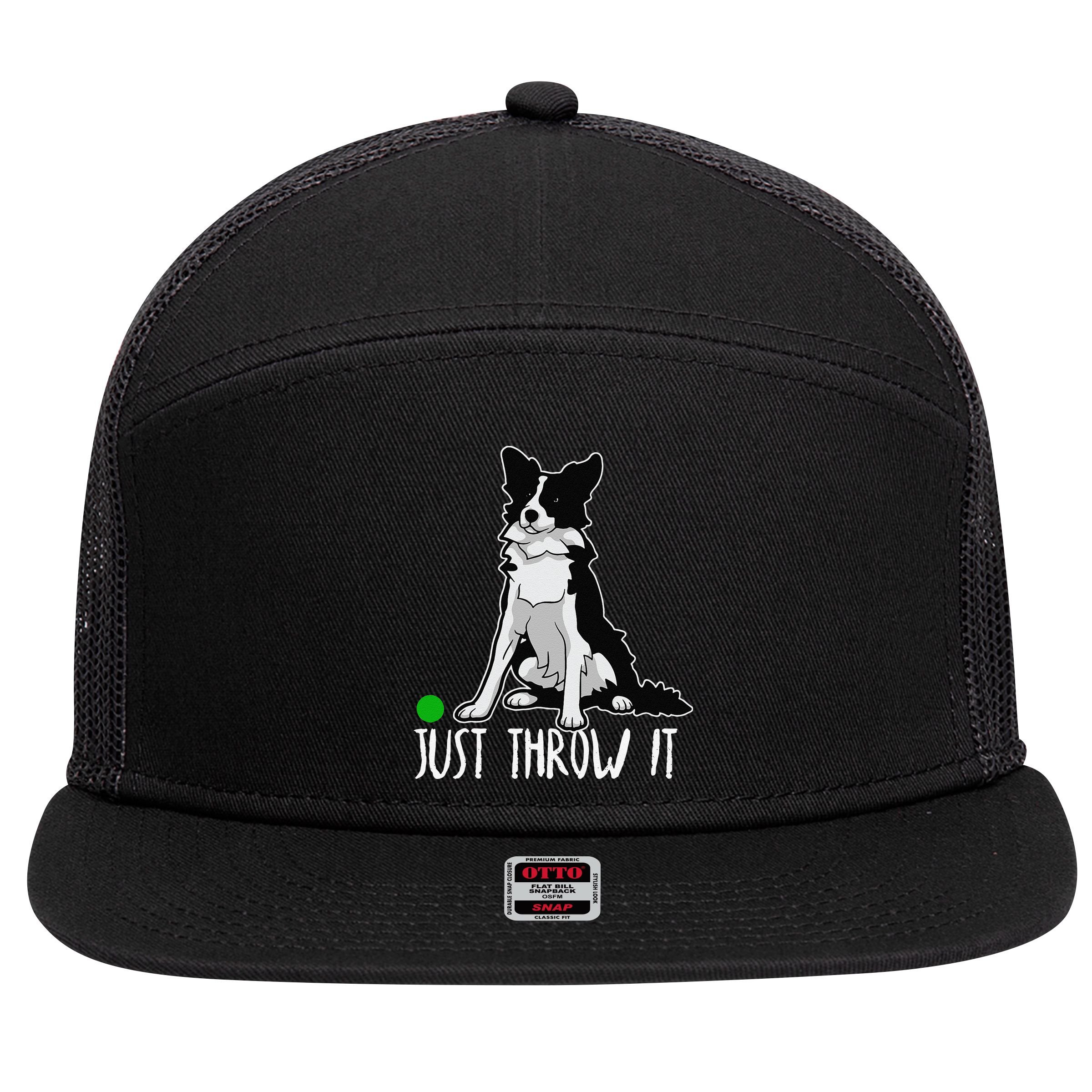 Just Throw It Funny Border Collie Dog Lover 7 Panel Mesh Trucker Snapback Hat