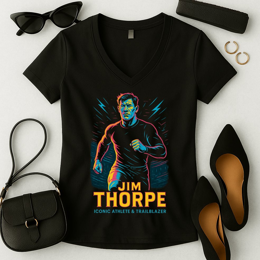 Jim Thorpe Neon Iconic Athlete Women's V-Neck T-Shirt