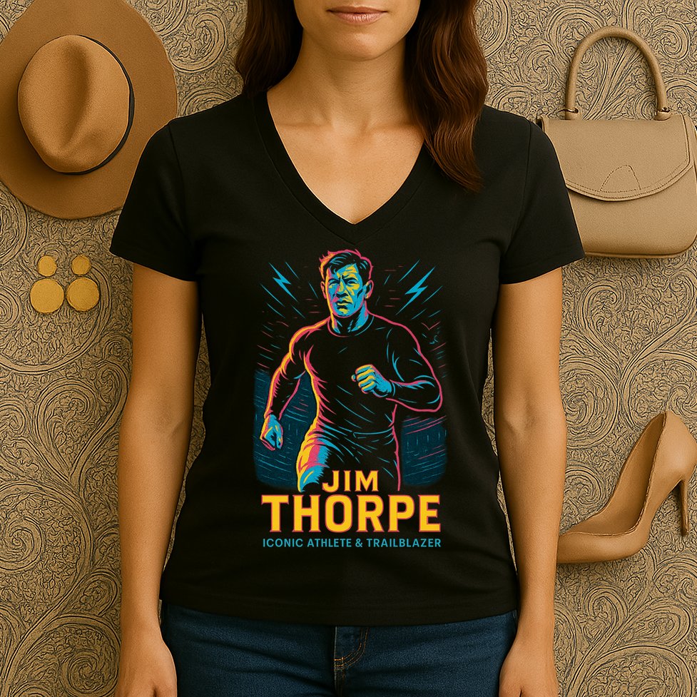 Jim Thorpe Neon Iconic Athlete Women's V-Neck T-Shirt