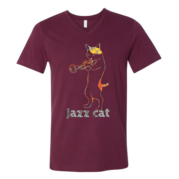 Jazz Trumpet Playing Kitty Cat Cool Jazz Cat Tee V-Neck T-Shirt