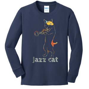 Jazz Trumpet Playing Kitty Cat Cool Jazz Cat Tee Kids Long Sleeve Shirt