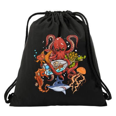 Jellyfish Turtle Seahorse Shark Octopus Ocean Animal Drawstring Bag