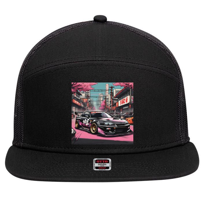Jdm Tokyo Skyline Retro Japanese Race Car Drift Tuning Gift 7 Panel Mesh Trucker Snapback Hat