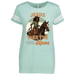 Jesus Take The Reins Christian Black Cowgirl Western Enza Ladies Jersey Football T-Shirt