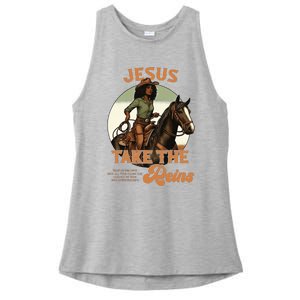 Jesus Take The Reins Christian Black Cowgirl Western Ladies PosiCharge Tri-Blend Wicking Tank