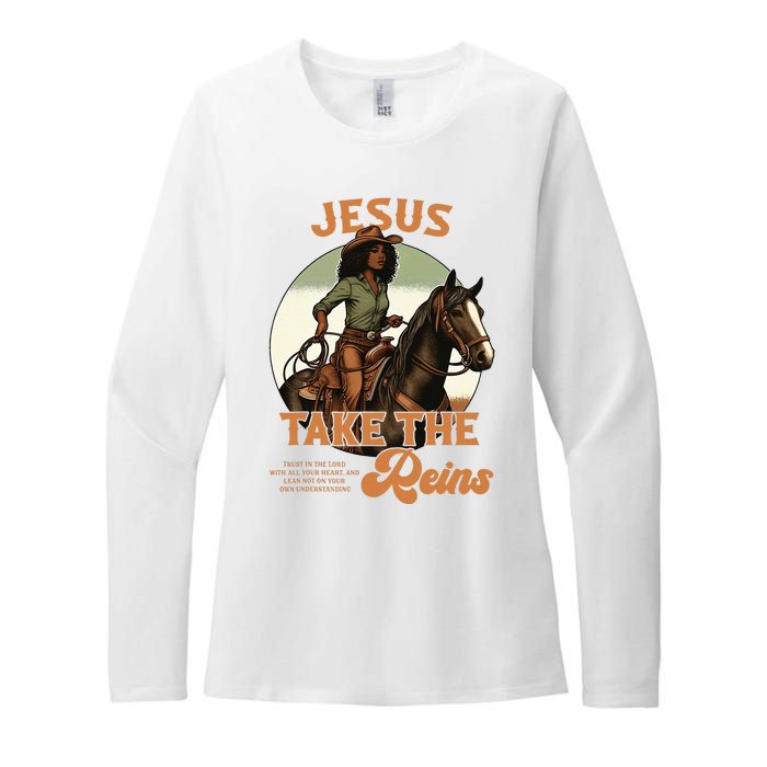 Jesus Take The Reins Christian Black Cowgirl Western Womens CVC Long Sleeve Shirt