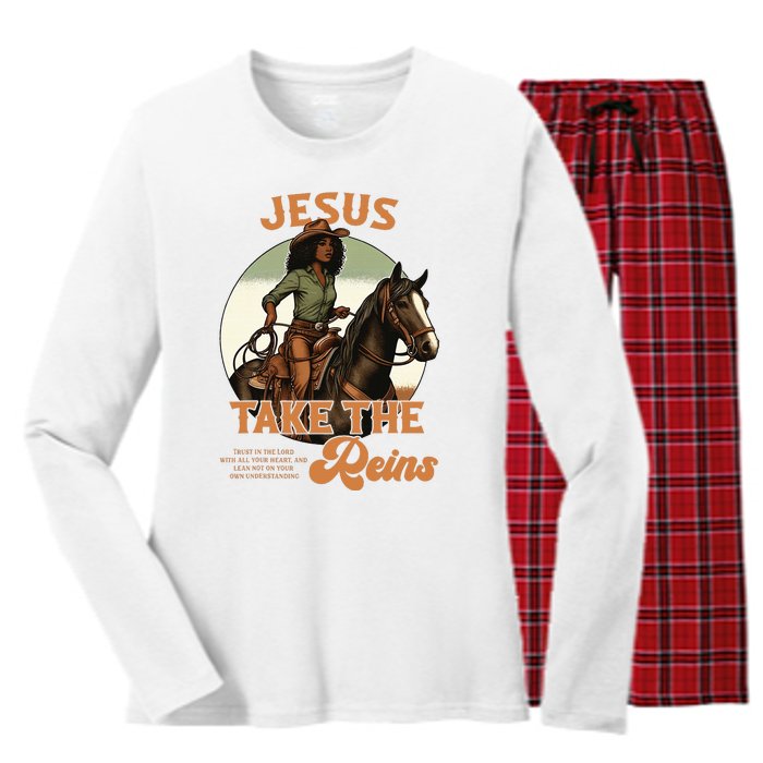 Jesus Take The Reins Christian Black Cowgirl Western Women's Long Sleeve Flannel Pajama Set 