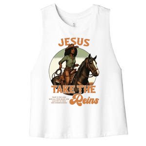 Jesus Take The Reins Christian Black Cowgirl Western Women's Racerback Cropped Tank