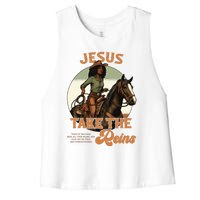 Jesus Take The Reins Christian Black Cowgirl Western Women's Racerback Cropped Tank