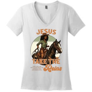 Jesus Take The Reins Christian Black Cowgirl Western Women's V-Neck T-Shirt