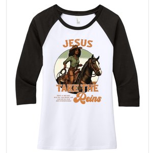 Jesus Take The Reins Christian Black Cowgirl Western Women's Tri-Blend 3/4-Sleeve Raglan Shirt