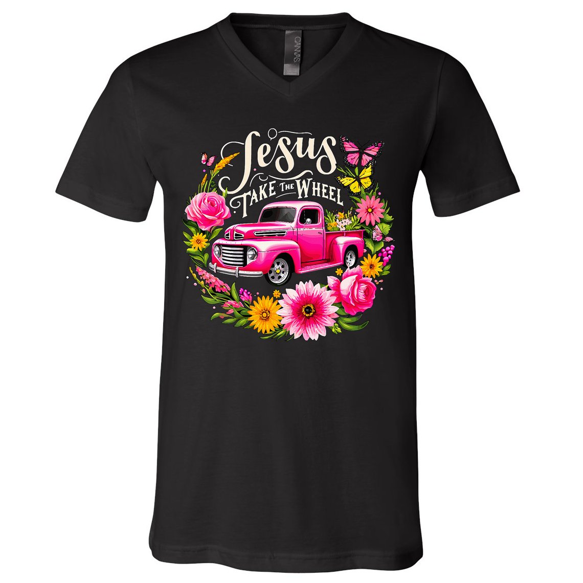 Jesus Take The Wheel Floral Farm Truck V-Neck T-Shirt