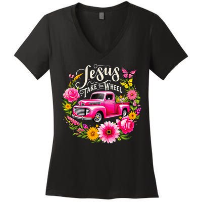 Jesus Take The Wheel Floral Farm Truck Women's V-Neck T-Shirt