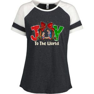 Joy To The World Christmas Jesus Christian Nativity Scene Enza Ladies Jersey Colorblock Tee