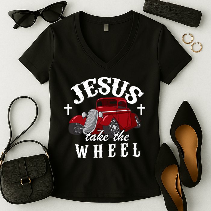 Jesus Take The Wheel Classic Vintage Car Women's V-Neck T-Shirt