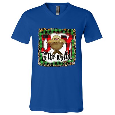 Joy To The World Jesus Buffalo Plaid Leopard Christmas Gift V-Neck T-Shirt