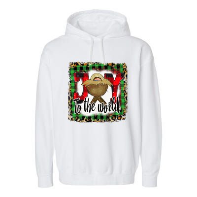 Joy To The World Jesus Buffalo Plaid Leopard Christmas Gift Garment-Dyed Fleece Hoodie