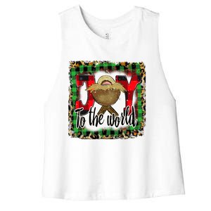 Joy To The World Jesus Buffalo Plaid Leopard Christmas Gift Women's Racerback Cropped Tank