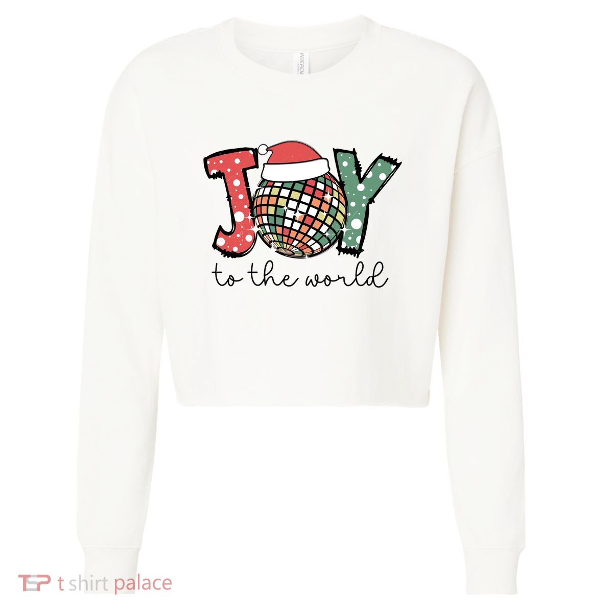 Joy To The World Disco Christmas Holiday Cropped Pullover Crew