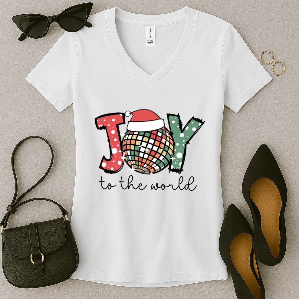 Joy To The World Disco Christmas Holiday Women's V-Neck T-Shirt