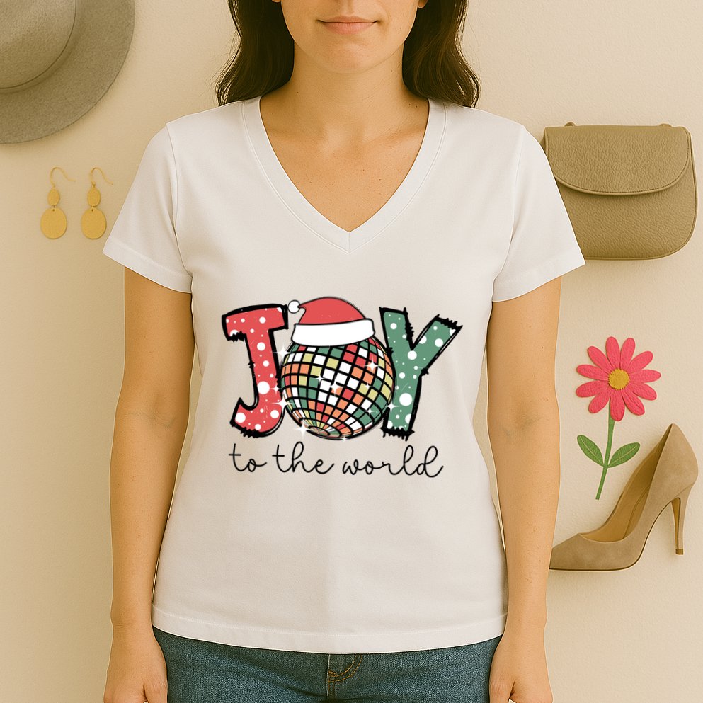 Joy To The World Disco Christmas Holiday Women's V-Neck T-Shirt