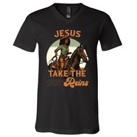 Jesus Take The Reins Christian Black Cowgir V-Neck T-Shirt