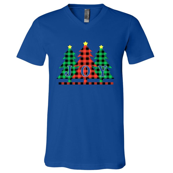 Joy To The World Plaid Christmas Trees Gift V-Neck T-Shirt