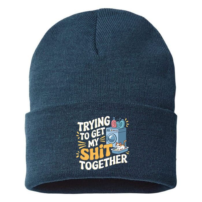 Just Trying To Get My Shit Together Funny Cat Meme Sustainable Knit Beanie