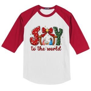 Joy To The World Nativity Scene Christmas Kids Colorblock Raglan Jersey