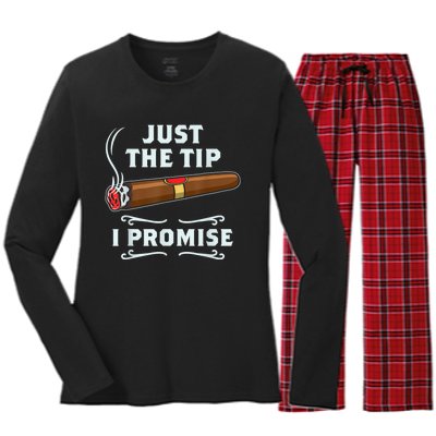 Just The Tip Cigar Smoker Funny Cigar Smoking Women's Long Sleeve Flannel Pajama Set 