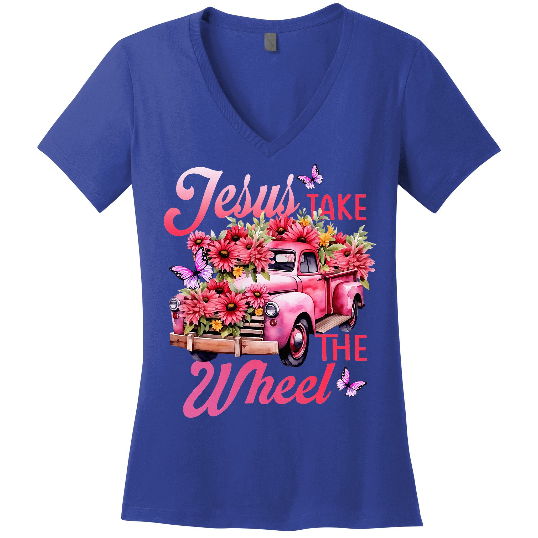Jesus Take The A Wheel Truck God Believer Flower Christ Women's V-Neck T-Shirt