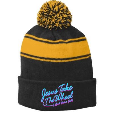 Jesus Take The Wheel And Drive Fast Funny Christian Design Stripe Pom Pom Beanie