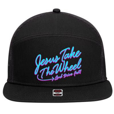 Jesus Take The Wheel And Drive Fast Funny Christian Design 7 Panel Mesh Trucker Snapback Hat