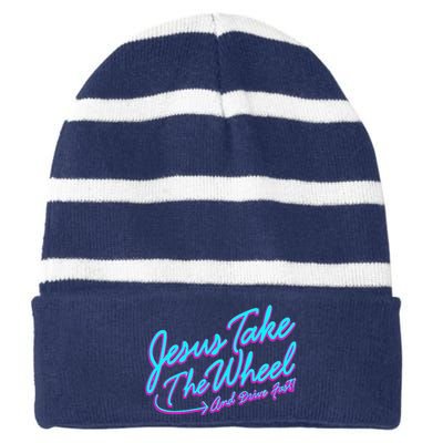 Jesus Take The Wheel And Drive Fast Funny Christian Design Striped Beanie with Solid Band