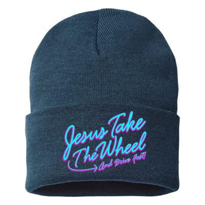 Jesus Take The Wheel And Drive Fast Funny Christian Design Sustainable Knit Beanie