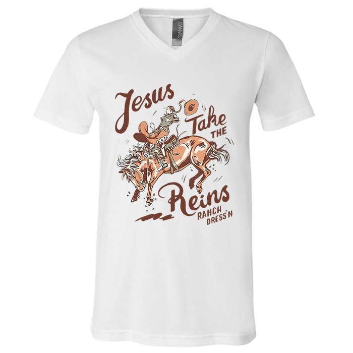 Jesus Take The Reins Vintage Cow V-Neck T-Shirt