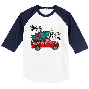 Jesus Take The Wheel Red Truck Christmas Tree Christian Xmas Gift Baseball Sleeve Shirt